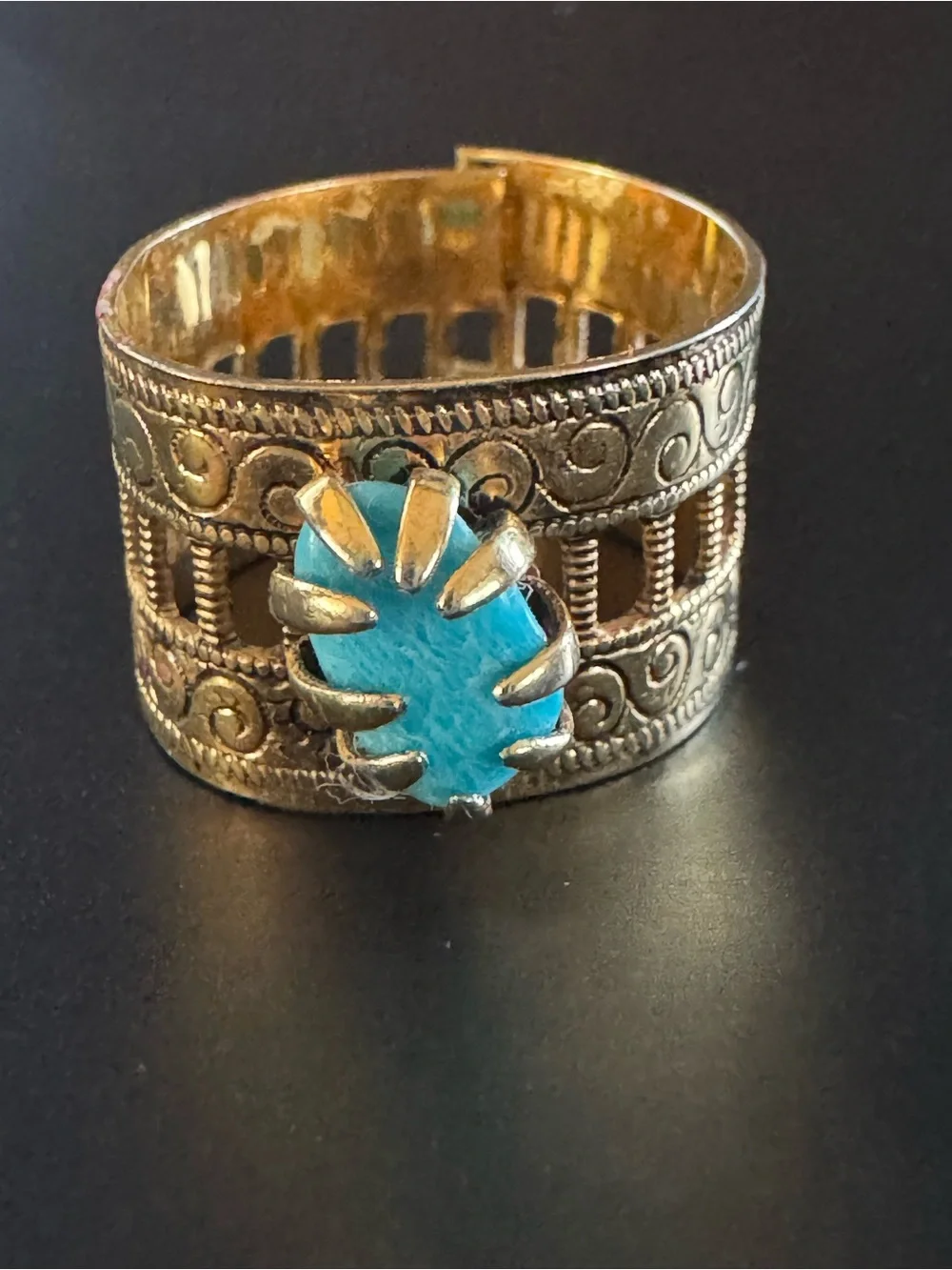 Gold Tone Turquoise Blue Wide Band Claw Prong Statement Ring - Size 7